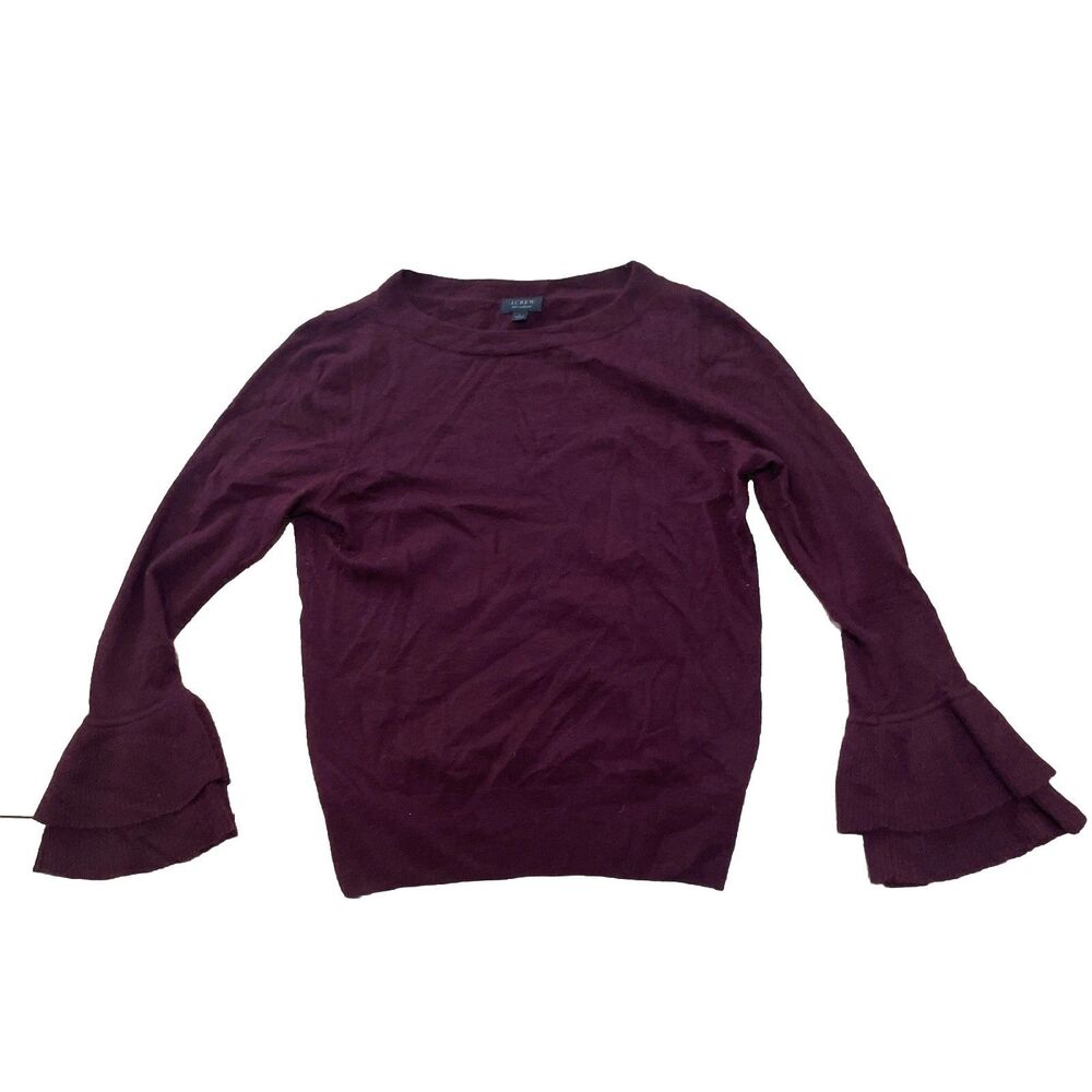 J. Crew 100% Cashmere Sweater Women L Maroon Red Wide Poet Sleeve Romantic Knit